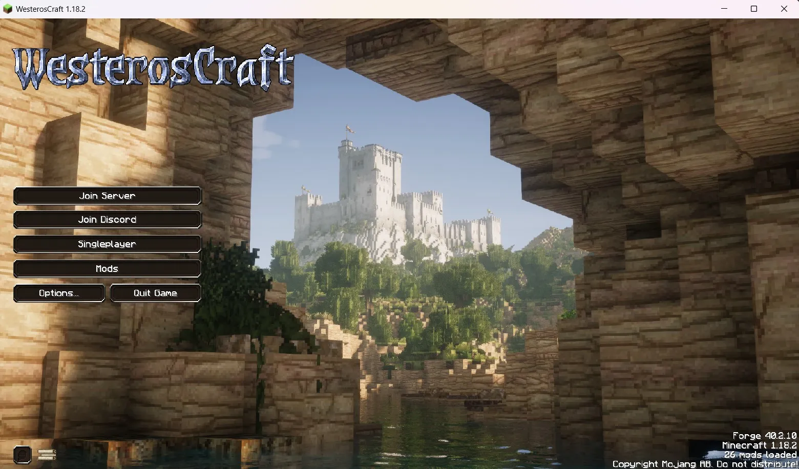 A screenshot of the WesterosCraft modpack launch screen